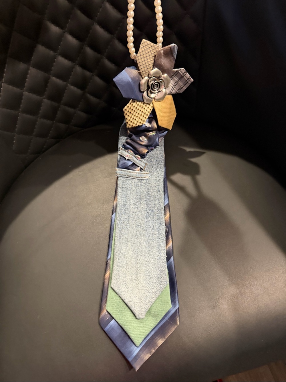 Men's Blue and Green Novelty Tie Necklace with Floral Accent